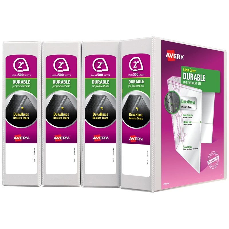 Avery Durable View Binder, 2" Slant Rings, 500-Sheet Capacity, DuraHinge, White, Multi Pack of 4 (17032)