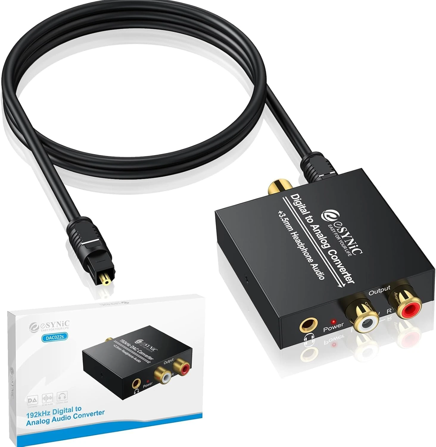 eSynic 192KHZ Optical to RCA Converter Pure&Clear Sound Digital to Analog Audio Converter Support|3.5mm&RCA Output|Lightweight|Aluminum Metal Case|PCM or LPCM Audio Format| for HDTV Blu Ray DVD etc