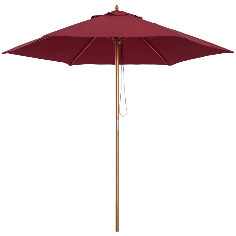 Outsunny 2.5m Wood Garden Parasol Sun Shade Patio Outdoor Wooden Umbrella Canopy, Table Market Umbrella with Vent, 38mm Pole, Rope Pulley Mechanism, Wine Red