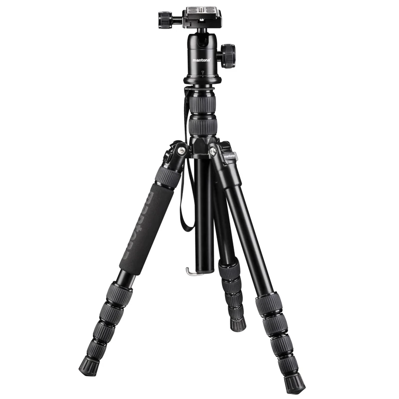 Mantona DSLM travel tripod (incl. ball head, load-bearing capacity of up to 5 kg, rotatable centre column, compact dimensions, tripod holder) for system cameras, DSLRs and compact cameras