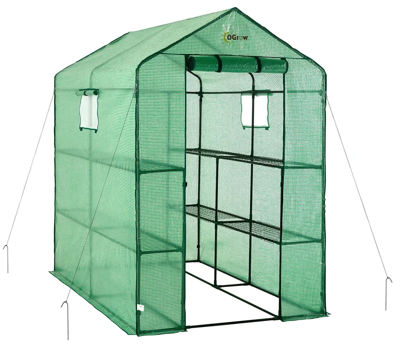 OGrow 2 Tier 8 Shelf Large Greenhouse, Garden Polytunnel Pop Up Portable Walkin Growhouse with Metal Frame, Shelves and Plastic Cover, 75"x49"x74"