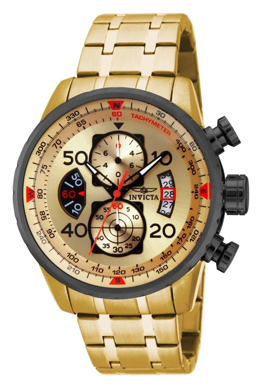 Invicta Aviator 17205 Men's Watch - Waterproof - Analogue - Quartz Movement - stainless steel with Gold dial - 48mm