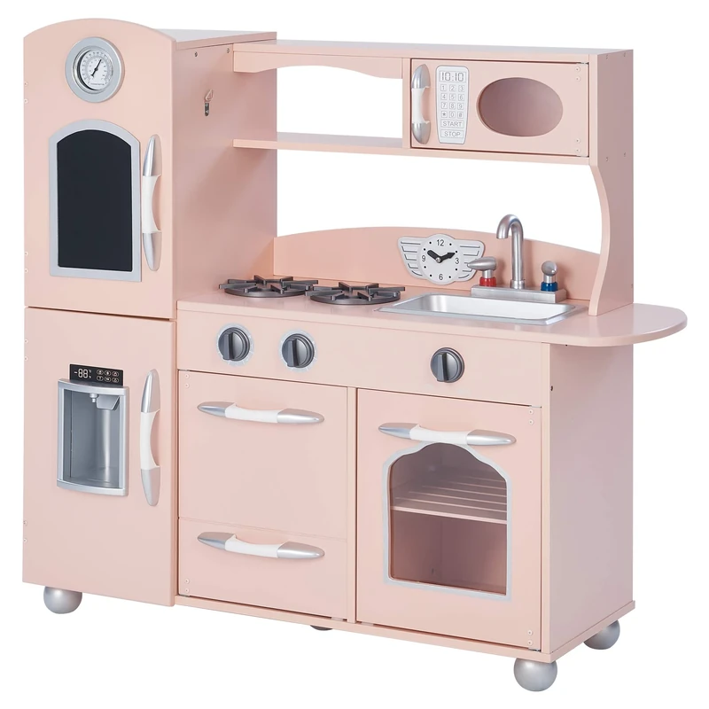 Teamson Kids Pink Westchester Retro Wooden Kitchen Toy Kitchen With Ice Maker UK-TD-11414P