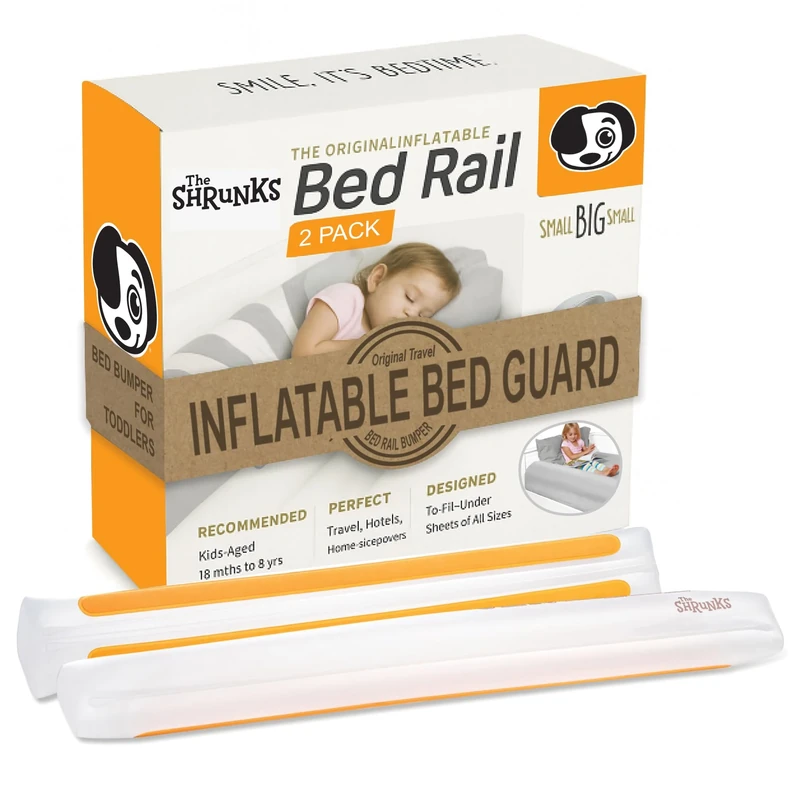 The Shrunks Sleep Security Inflatable Bed Guard (2 Pack) - Safe & Portable Toddler Bed Guard / Cot Bumpers for Travel, Holiday or Home Use, 122x18x10cm fits under Bed Sheet with non-slip grips.