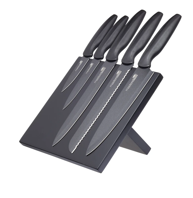 MasterClass Agudo 5-Piece Non-Stick Stainless Steel Knife Set and Magnetic Knife Block, with Five Knives and Display Stand – Black