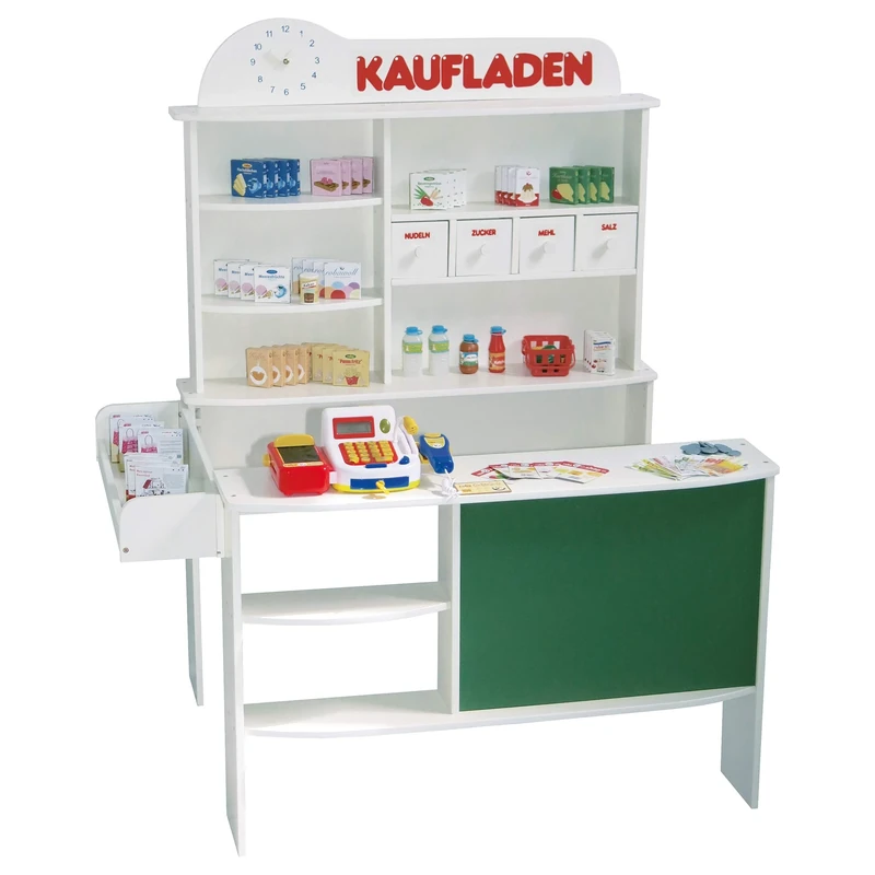 roba wooden grocery shop for children, shop, sales, stand with 4 drawers, clock, table, counter & side bar cabinet, white and natural.