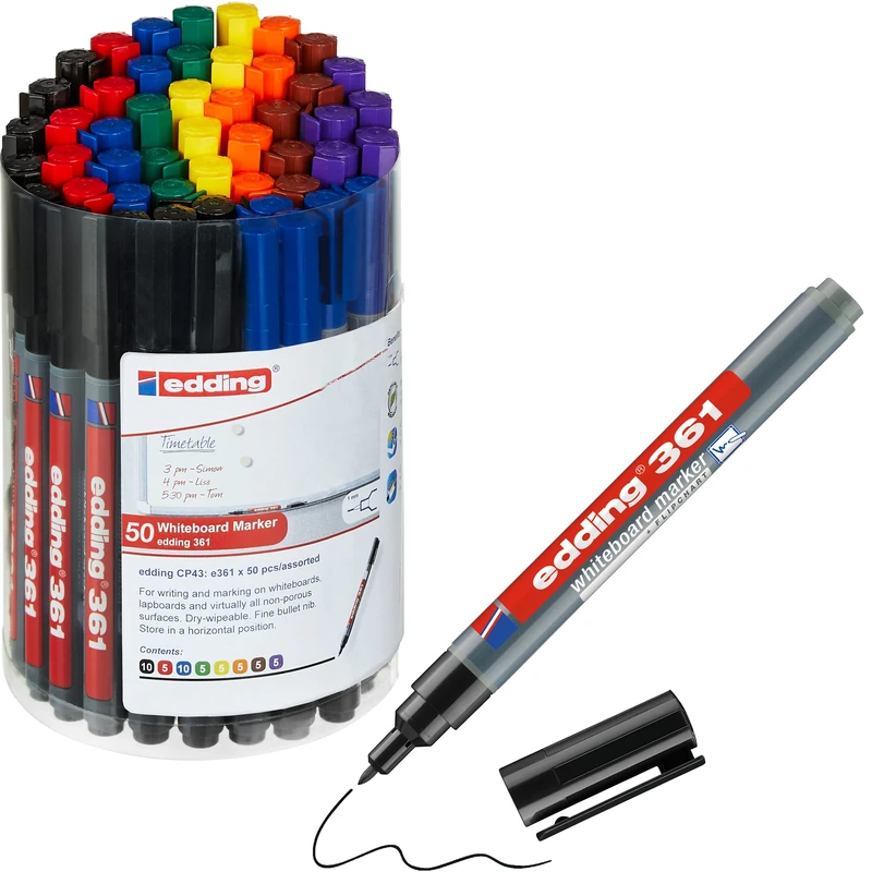 edding 361 whiteboard marker set - multi-coloured - 50 whiteboard pens - round tip 1 mm - whiteboard pen dry wipe - for whiteboards, flipcharts, magnetic, memo boards - sketchnotes - refillable