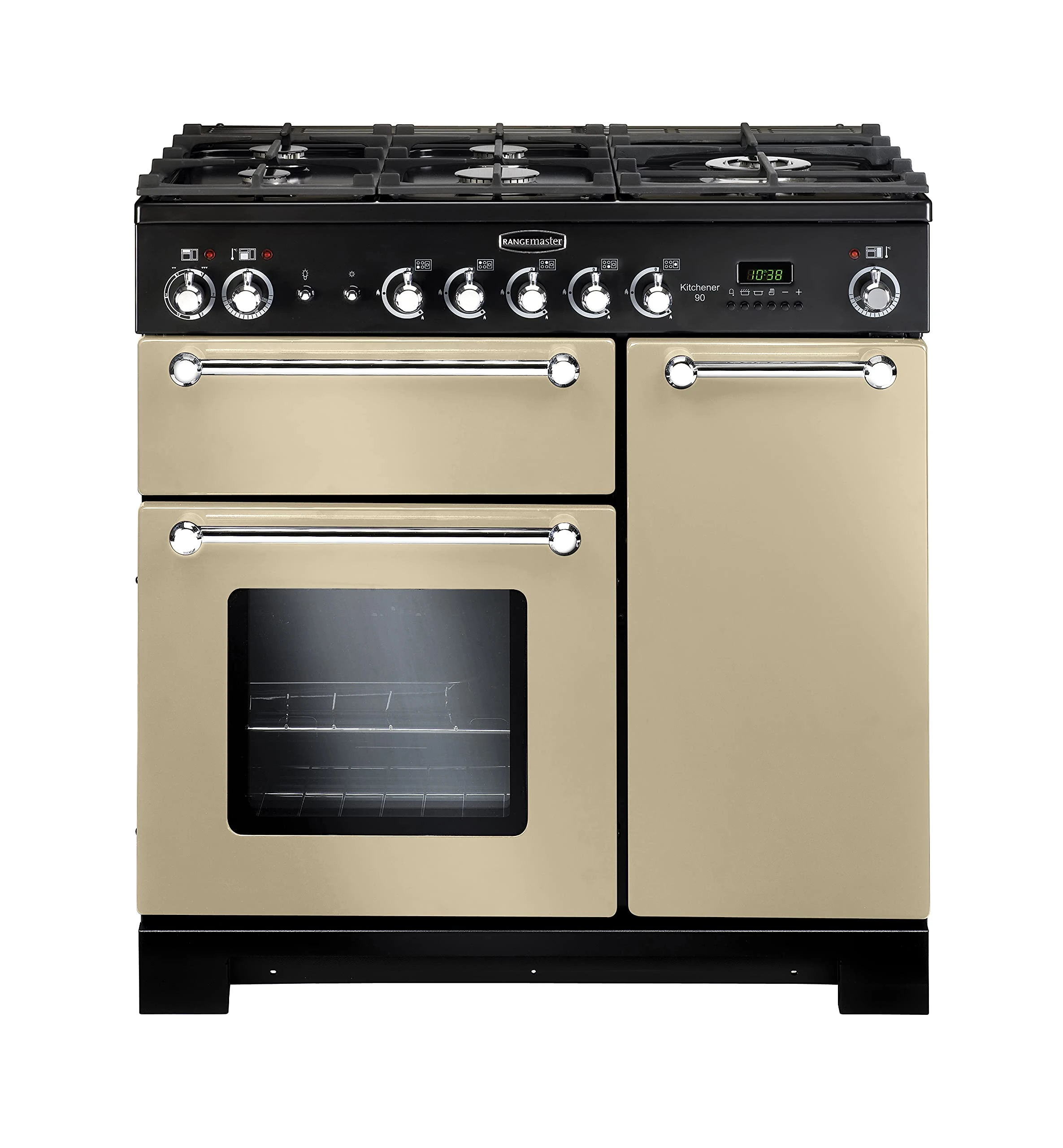 Rangemaster KCH90DFFCR/C Freestanding Range Cooker, Two Fan Ovens, AA Rated, 5 Burner Gas Hob, Cream