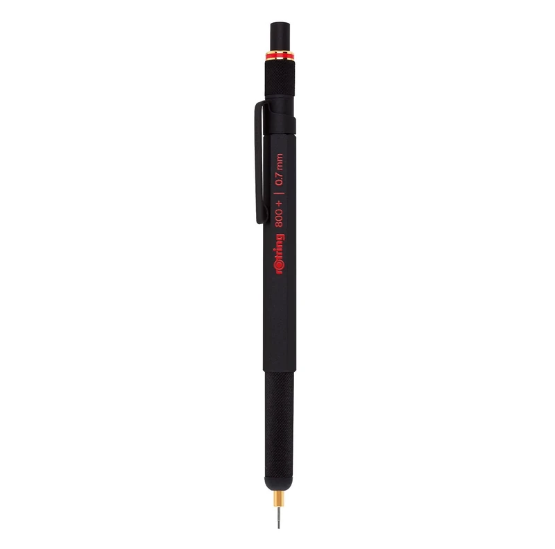 rOtring 800+ Mechanical Pencil and Touchscreen Stylus | Twist-to-Retract HB 0.7 mm Propelling Pencil | Black Metal Barrel