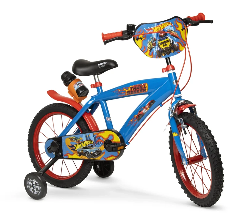 Toimsa Hot Wheels 16 inch Bicycle, Kids Bike Learn to Ride, with Training Wheel Stabilisers and Mudguard, for Children Ages 5-7 Years, Includes Water Bottle, Blue and Red