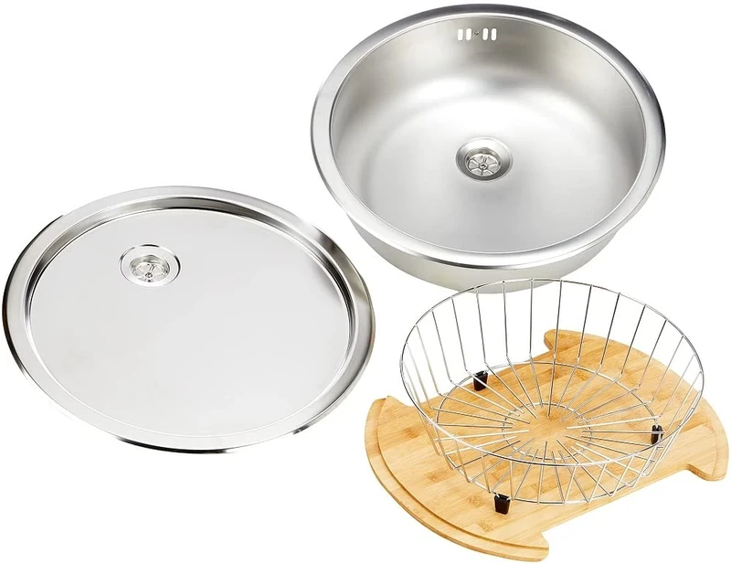 Respekta Round Sink Set Stainless Steel / 1 Basin Built-in Sink 45 x 45 x 16 cm/Stainless Steel Sink Suitable for Base Cabinets from 45 cm Wide