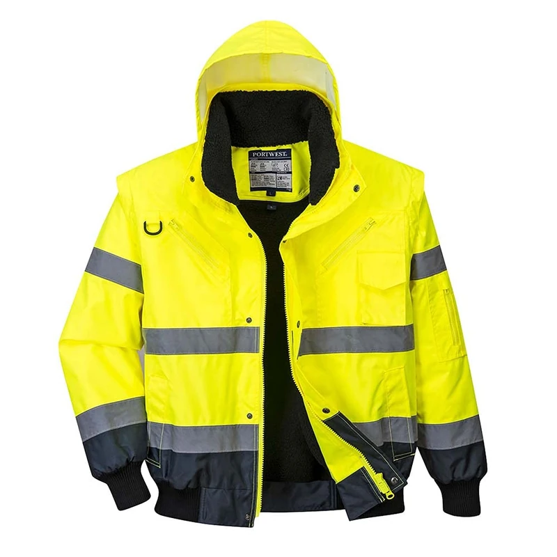 Portwest C465 Hi-Vis 3-in-1 Waterproof Contrast Hooded Bomber Jacket with Pockets - Reflective Outdoor Safety Security Workwear Coat, Yellow/Navy, XS