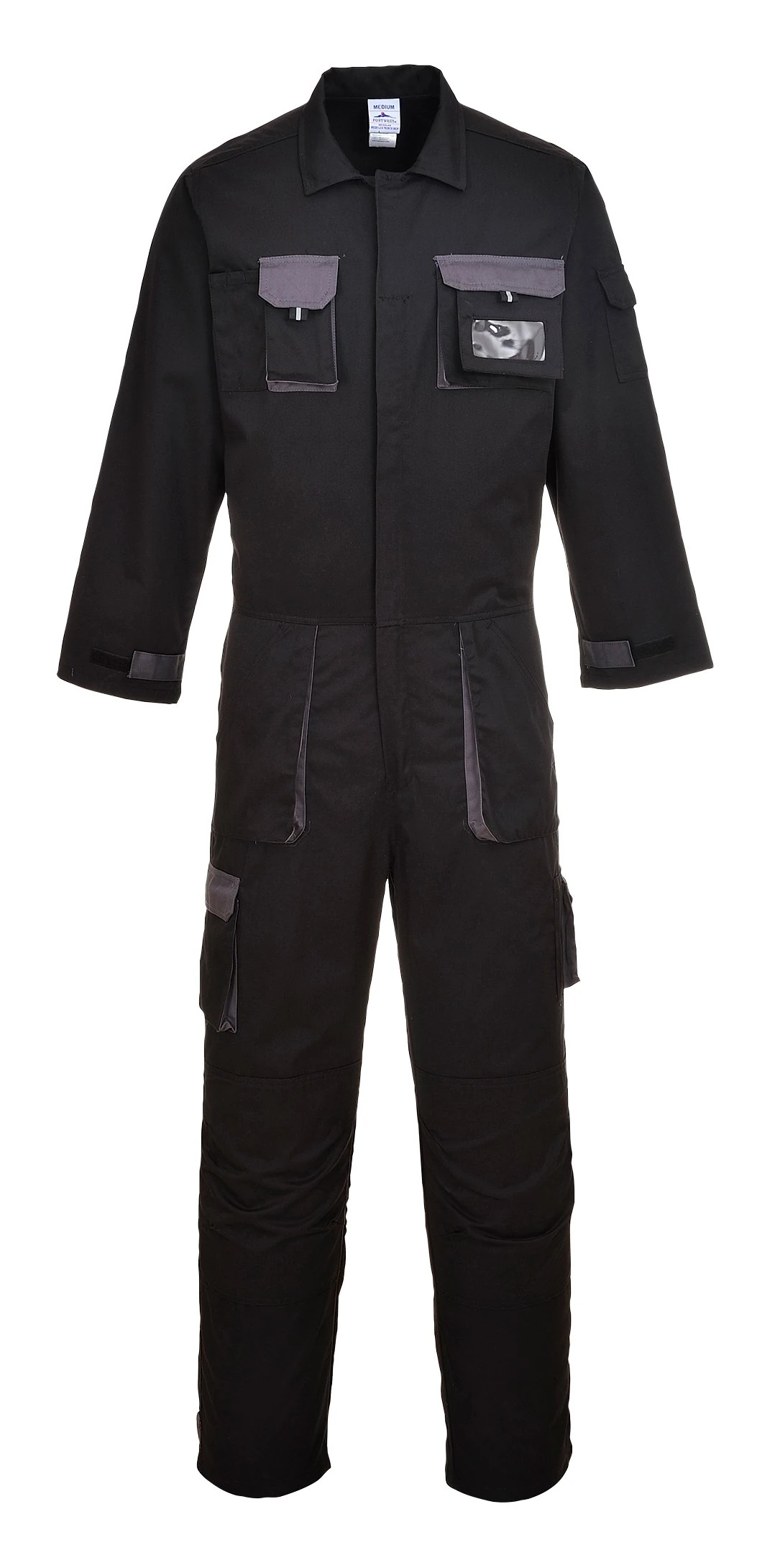 Portwest TX15 Men's Texo Contrast Coveralls Durable Cotton Protective Work Overalls Workwear Knee Pad Pockets Two-Way Zip Elastic Waist Boiler Suit for Mechanics Warehouse Garages DIY, Black, L