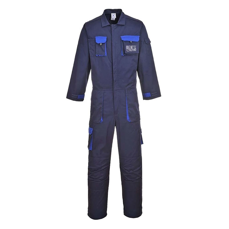 Portwest TX15 Men's Texo Contrast Coveralls Durable Cotton Protective Work Overalls Workwear Knee Pad Pockets Two-Way Zip Elastic Waist Boiler Suit for Mechanics Warehouse Garages DIY, Navy, 3XL