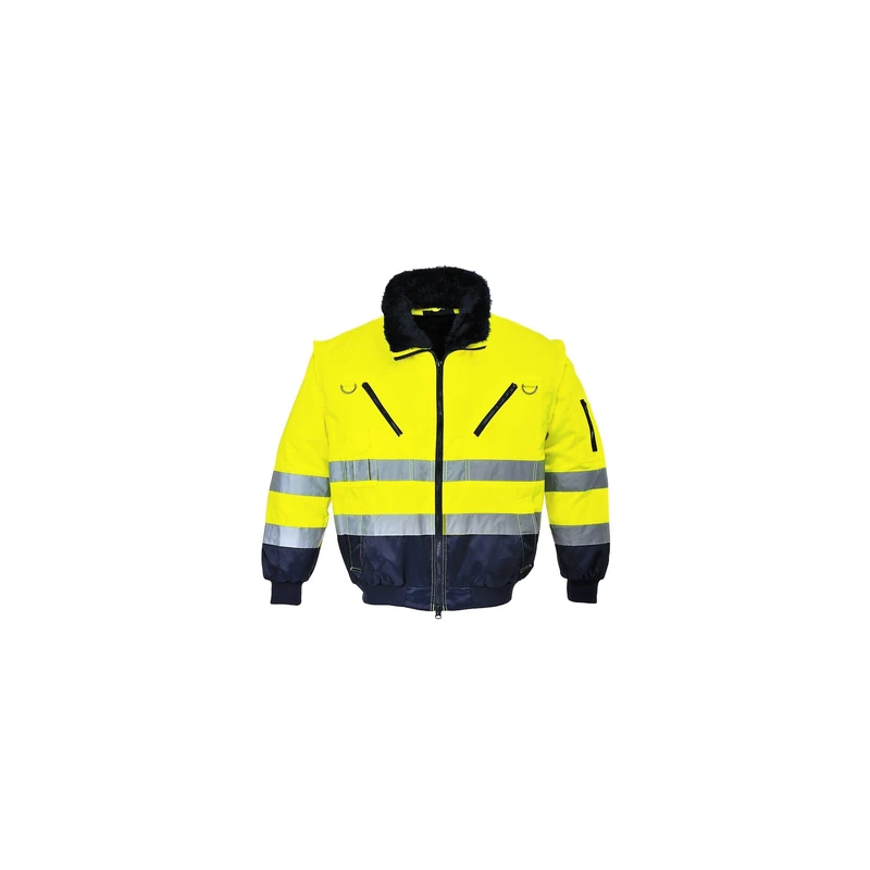 Portwest PJ50 Hi-Vis 3-in-1 Pilot Jacket Waterproof Reflective Workwear Coat Detachable Sleeves Fur Liner Multi-Pocket Fleece Lining EN ISO 20471 Certified, Yellow/Navy XXL