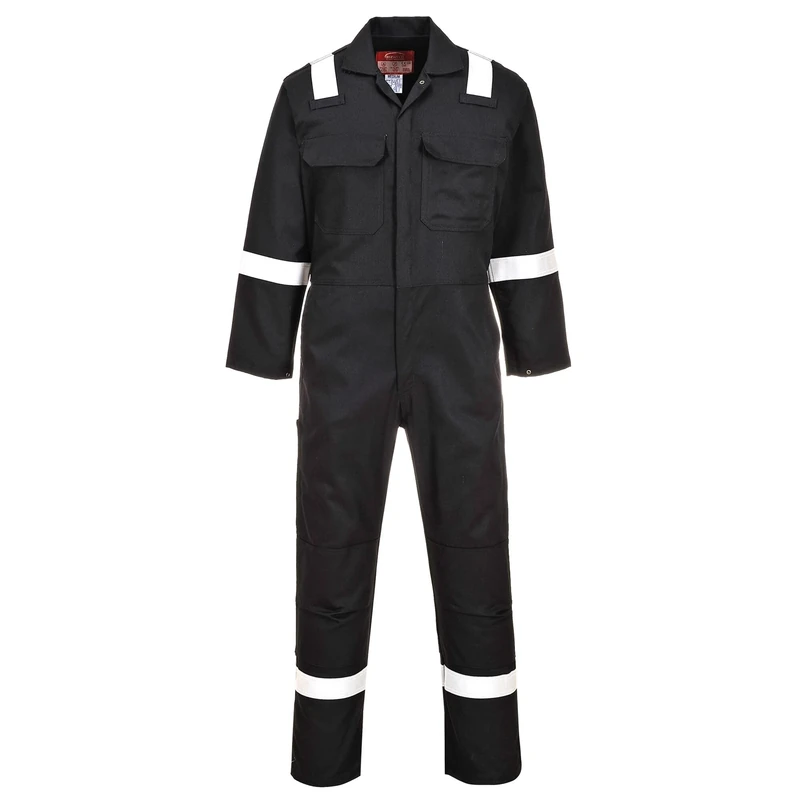 Portwest BIZ5 Bizweld FR Men's Coverall Flame Resistant Welding Overall Safety Gear 100% Cotton Reflective Tape Knee Pad Pockets Molten Metal Splash Protection, Black, M