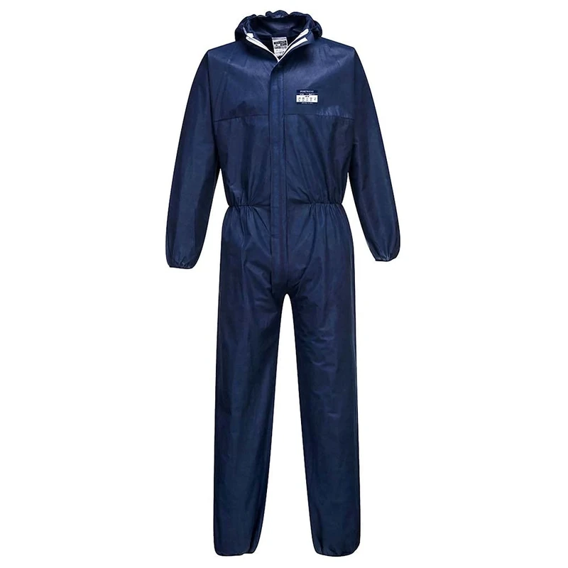 Portwest ST30 BizTex SMS Coverall Type 5/6 Breathable Lightweight Protective Suit Anti-Static Elasticated Hood & Cuffs Durable Workwear for Hazardous Environments, Navy, L