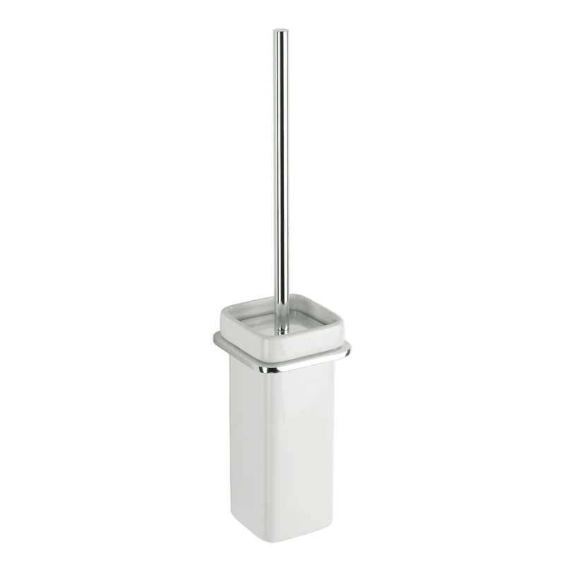 TATAY Wall mounted toilet brush holder, in white ceramic , support, handle and lid in aluminium Square shape design. Measures 9x10,5x41 cm. Double fixing system, screws and Glue&Fix system