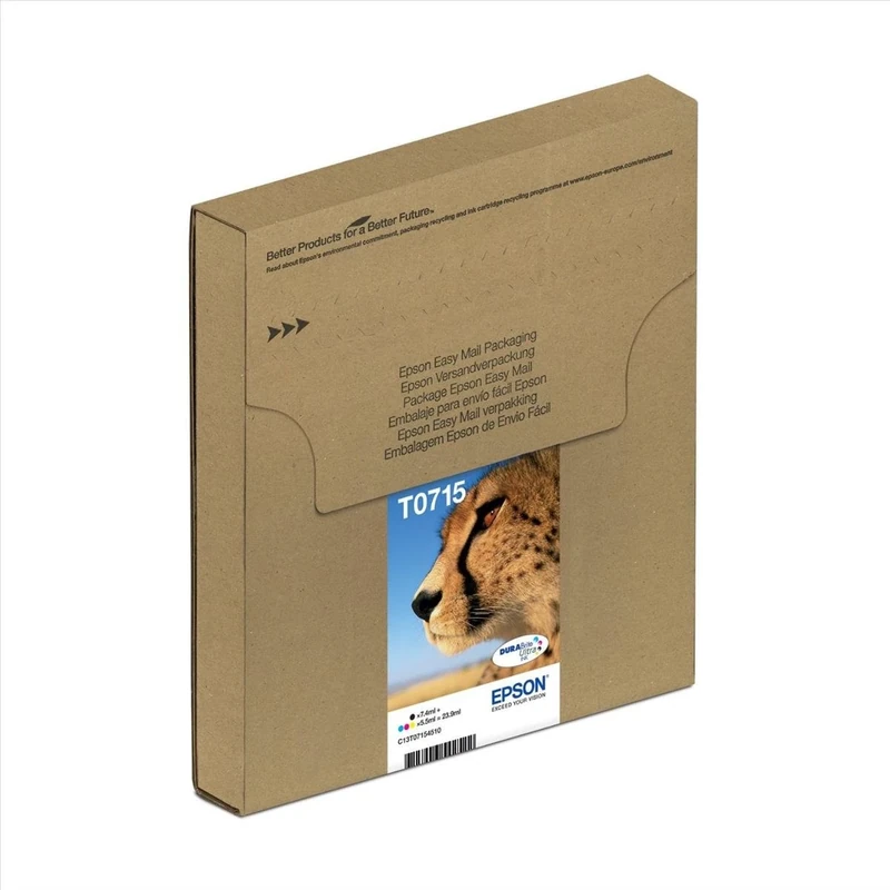 Epson T0715 Cheetah Genuine Multipack, Eco-Friendly Packaging, 4-colours Ink Cartridges, DURABrite Ultra Ink,Black/Cyan/Magenta/Yellow