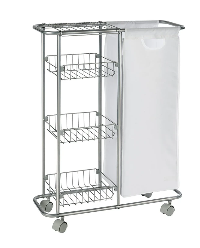 WENKO 12100100 Collecting trolley Slim 3 tiers, detachable bag, capacity 28 L, Metal powdercoated, 20 x 58 x 80 cm, Grey