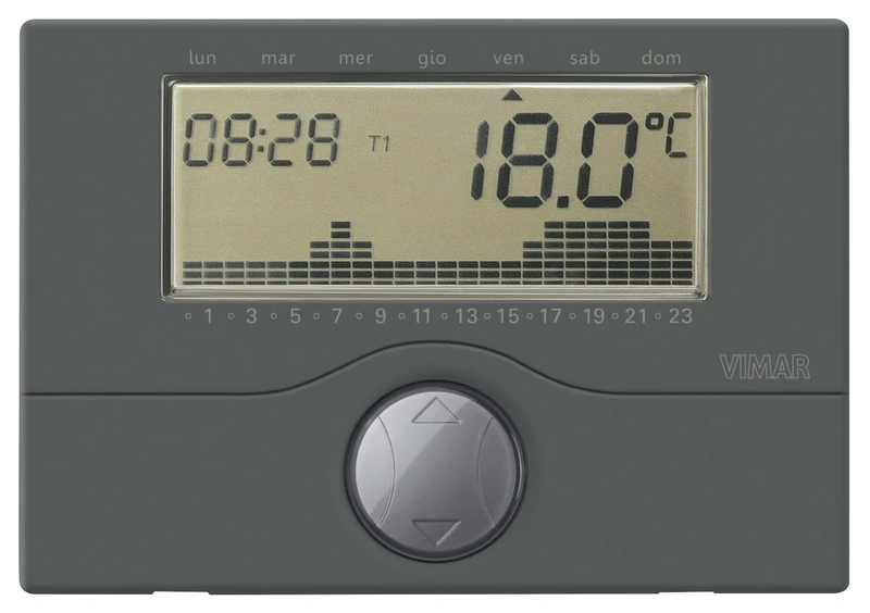 VIMAR 01910.14 Electronic Battery-Timer-Thermostat for ON/Off Ambient Temperature Control (Heating and air-Conditioning), Daily/Weekly Programming, Anthracite Grey