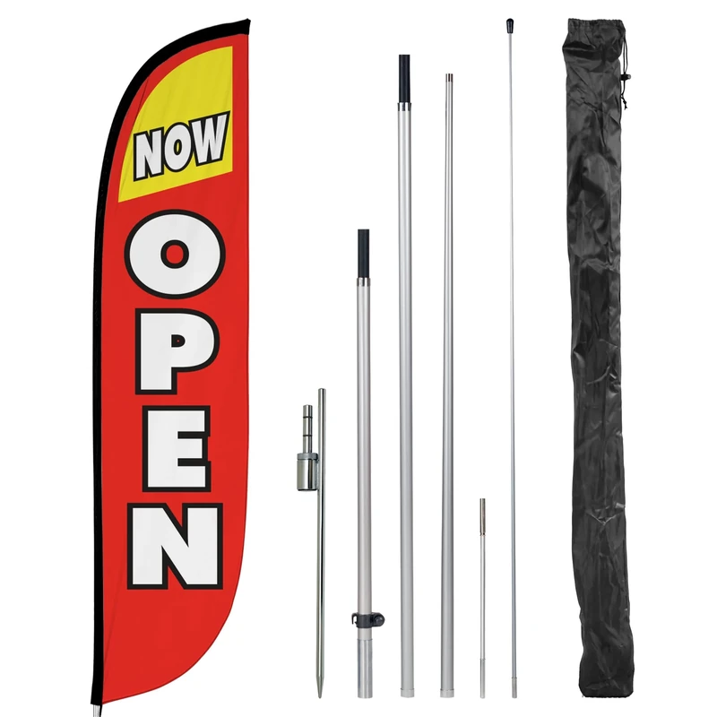LookOurWay Feather Flag Set - 12 Feet Tall Advertising Flag Banner with Fiberglass Pole Kit and Rotating Ground Spike for Business Promotion - Grand Opening Theme - Now Open Red & Yellow - Image 1