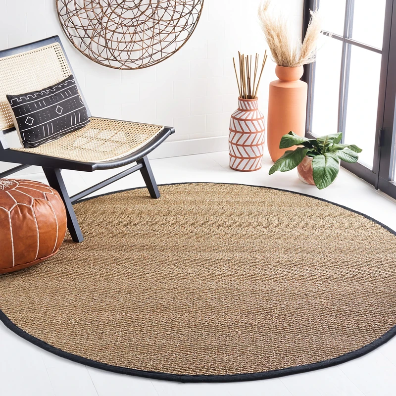 Safavieh Natural Fiber Collection 6' Round Black NF115C Border Herringbone Seagrass Area Rug