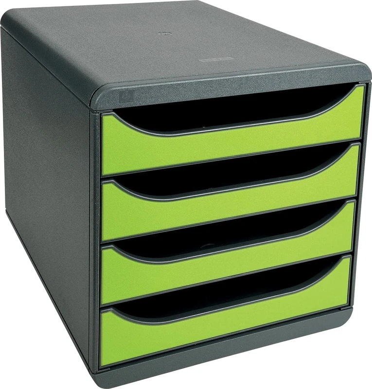 Exacompta - Ref 310725D - BIG-BOX Desktop Drawer Set - 4 x 55mm Drawers, Suitable for A4+ Documents, 347 x 278 x 267mm, 100% Recycled Plastic - Black/Lime Green