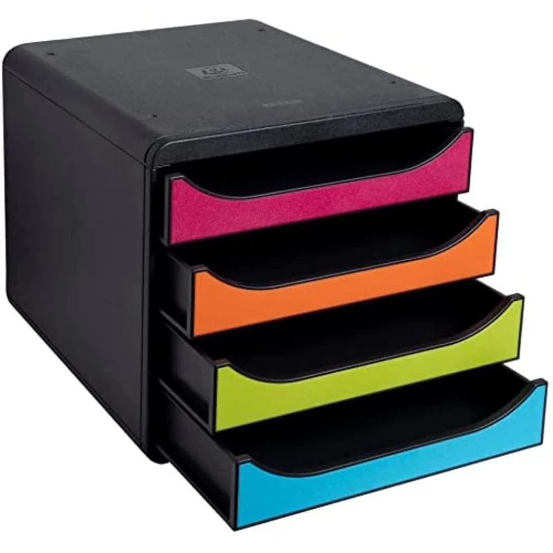 Exacompta - Ref 310498D - BIG-BOX Desktop Drawer Set - 4 x 55mm Drawers, Suitable for A4+ Documents, 347 x 278 x 267mm, 100% Recycled Plastic - Black/Harlequin