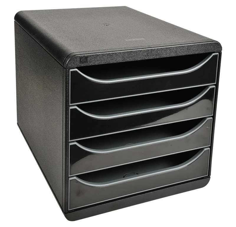 Exacompta - Ref 3104214D - BIG-BOX Desktop Drawer Set - 4 x 55mm Drawers, Suitable for A4+ Documents, 347 x 278 x 267mm, 100% Recycled Plastic - Black/Glossy Black