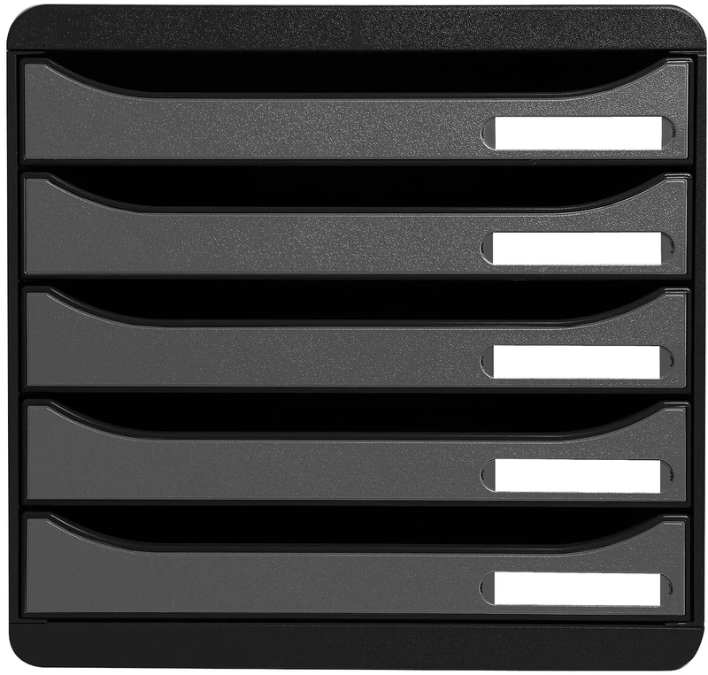 Exacompta - Ref 309738D - BIG-BOX PLUS Desktop Drawer Set - 5 x 43mm Drawers, Suitable for A4+ Documents, 347 x 278 x 271mm, 100% Recycled Plastic - Black/Metallic Silver