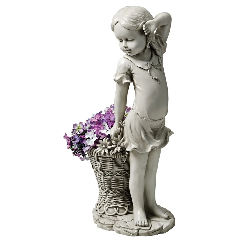 Design Toscano EU9294 Frances the Flower Girl Outdoor Garden Statue with Planter, Polyresin, Antique Stone, 54.5 cm, Grey