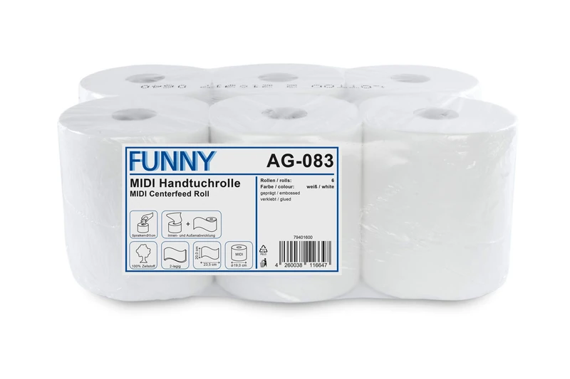 Funny Paper Towel Roll, centrefeed, 20 cm, 2-ply, brilliant white, 450 Sheets (6 rolls)