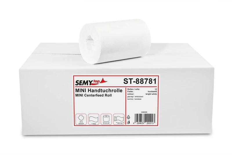 Semy Top Mini 1-Ply Centre-Pull Paper Hand Towels, No Core, 20 cm [1 Pack of 12 Rolls], Bright White