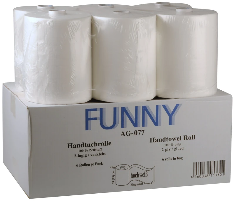 Funny 2-Ply Hand Towel Roll with Special 5 cm Core, for Generic Dispensers, Brilliant White, 24 cm, Approx. 140 m (Pack of 6)