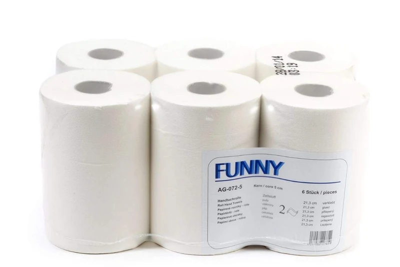 Funny 2-Ply Hand Towel Roll with Special 5 cm Core, for Generic Dispensers, Brilliant White, 21.3 cm, Approx. 100 m (Pack of 6)