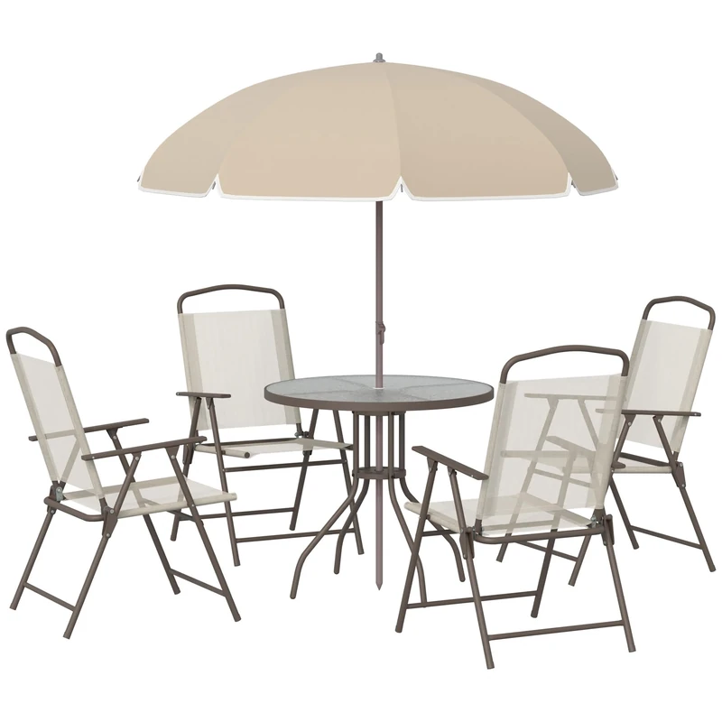 Outsunny 6 Piece Garden Dining Set with Umbrella, Patio Sets with Parasol with 4 Folding Dining Chairs & Round Tempered Glass Table, Beige