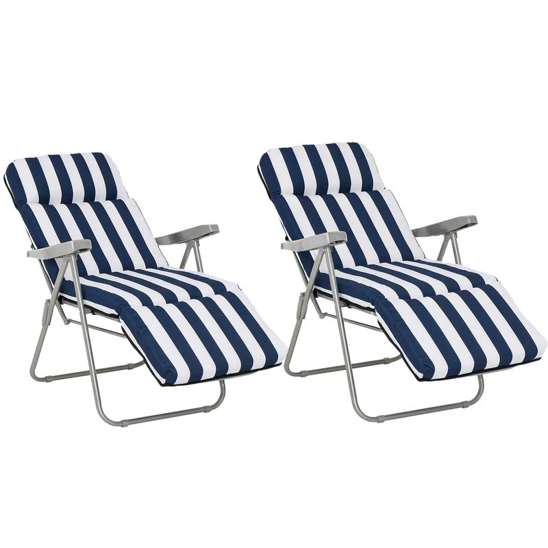 Outsunny Reclining Garden Chair Set of 2, 5-Level Adjustable Zero Gravity Chairs with Cushions, Folding Sun Lounger Garden Recliner Chairs with Armrests for Outdoor, Patio, Blue Stripe