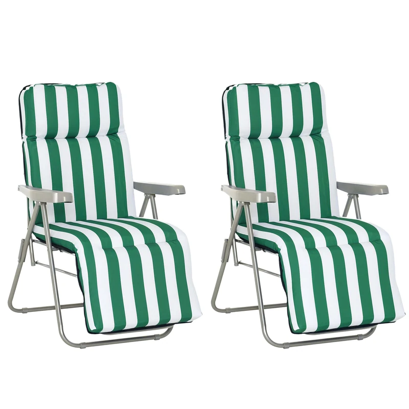 Outsunny 2 Pieces Outdoor Sun Lounger Set with Cushions, Patio Folding 5-Level Adjustable Backrest Recliner Chairs Set of 2 with High Backrest and Armrests, Green & White