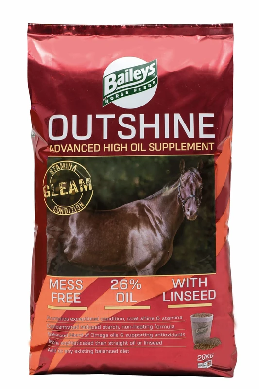 Baileys Outshine Horse Feed 20kg - High Oil Supplement for Coat Shine, Weight Gain & Stamina, Low Starch Formula