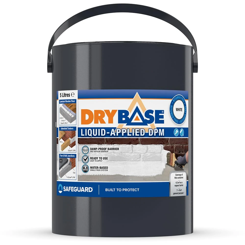 Drybase Liquid Damp Proof Membrane (5 Litre, White) - Damp Proofing Paint for Internal Walls and Floors. Waterproof Paint