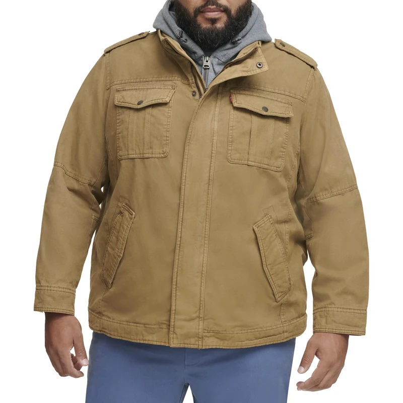 Levi's Men's Washed Cotton Hooded Military Jacket (Regular & Big & Tall Sizes), Khaki/Sherpa Lined, M