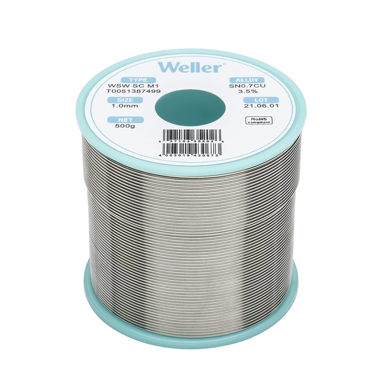 Weller WSW SC M1 (T0051387699) Lead Free Solder Wire, Ø 0.5mm, Alloy Sn99.3Cu0.7, Flux Content 3.5%, 500g, Silver