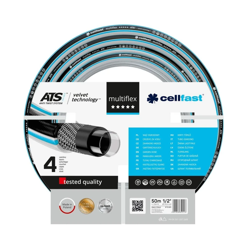 Cellfast Garden Hose MULTIFLEX ATSV™ 1/2'' 50m, Flexible 4-layer Hose, Double Braid with Cross and Tricot Fabric, 30 Bar Burst Pressure, 13-201