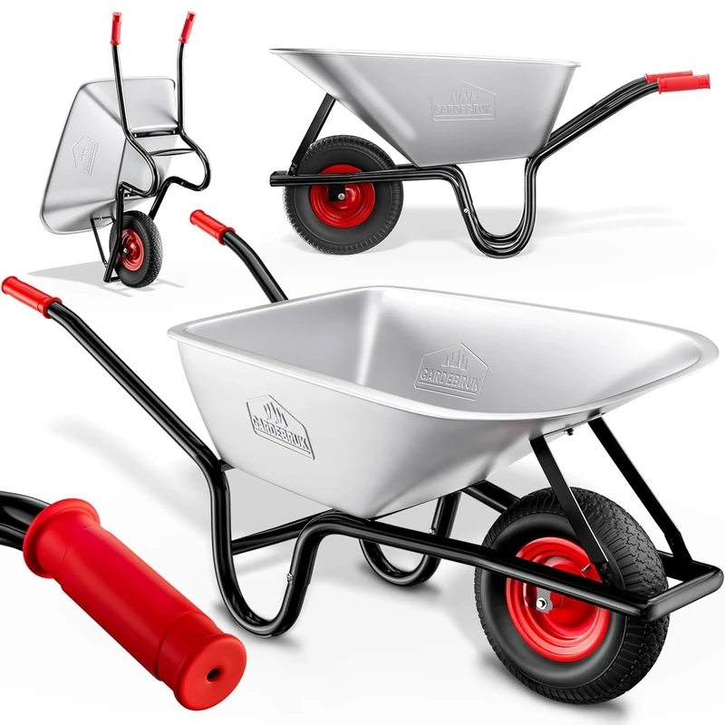 GARDEBRUK® Heavy Duty Wheelbarrow 100L | Pneumatic Tyre | 250KG Max Capacity | Steel Rim | Durable Garden Trolley for Transporting Grass Seed, Garden Tools, Compost, Mulch, Gravel | Silver & Red