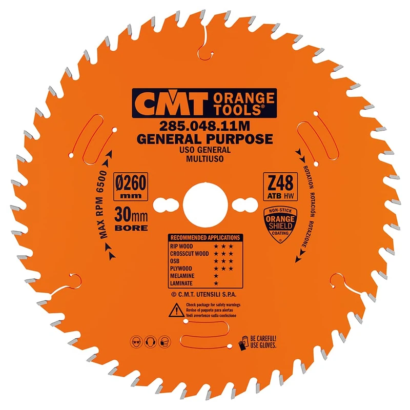 CMT Orange Tools 285.048.11M Ripping-Crosscut Saw Blade 260X2.8/1.8X30 Z=48 10Atb