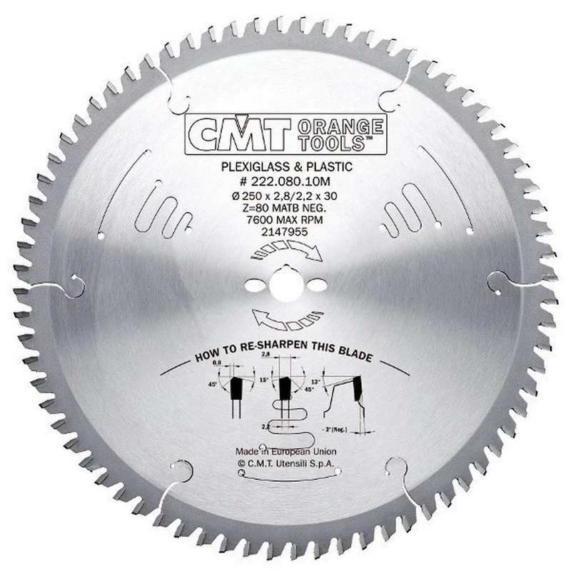 SAW BLADE FOR PLEXIGLASS AND PLASTICS D=250X2.8X30 Z=80 MATB