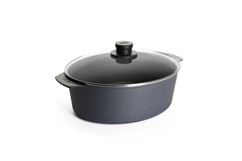 Woll Light/Plus Diamond Reinforced Nonstick Scratch Resistant Cast Aluminum Cookware Oval Roaster with Lid, 6.3-Quart, Gray