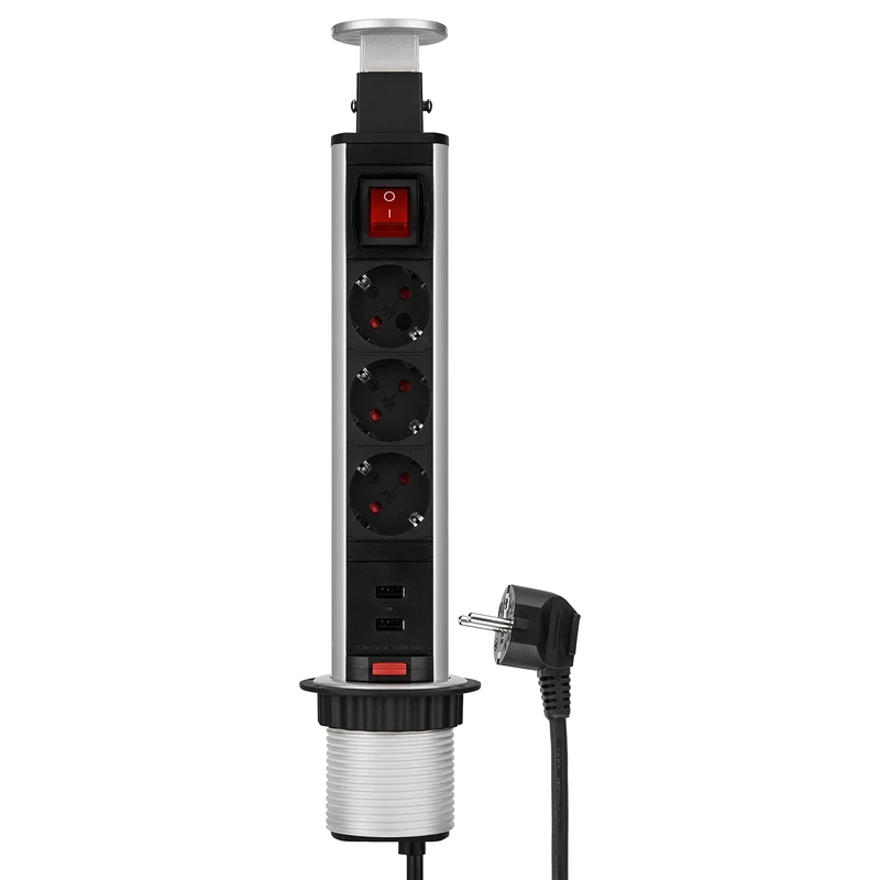 REV 0012398712 Multiple Socket Column 3-Way + USB, Recessed 1.5 m, 3500 W, Black