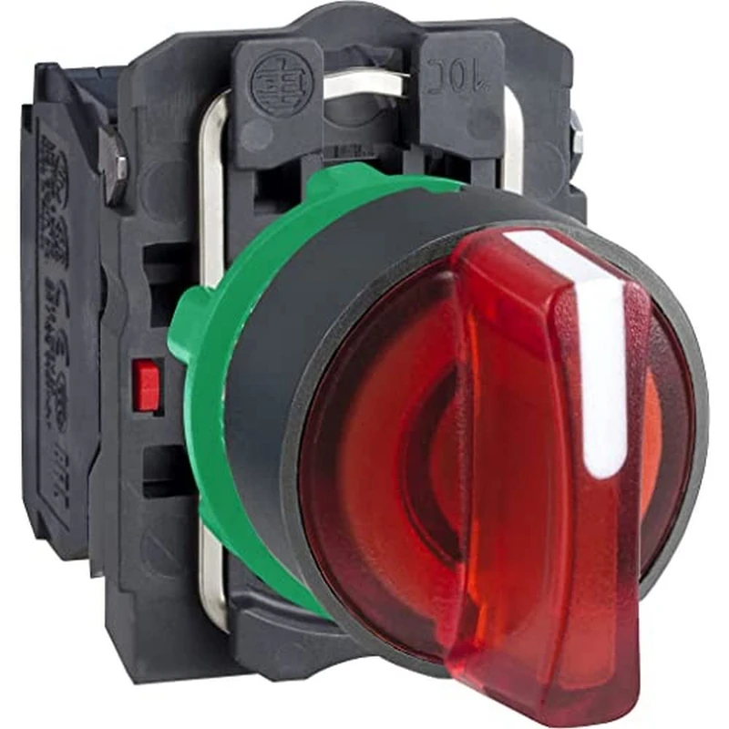 Schneider Electric Illuminated selector switch, Harmony XB5, grey plastic, red handle, 22mm, 3 positions, universal LED, 1NO + 1NC, 24V AC DC - Image 1